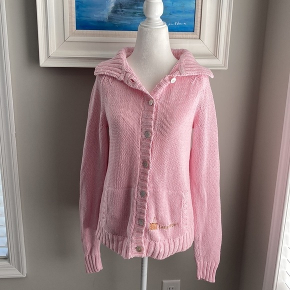 Vintage 90s 80s Longaberger Homestead Pink Knit Cardigan Buttonup Sweater Small - Picture 9 of 12